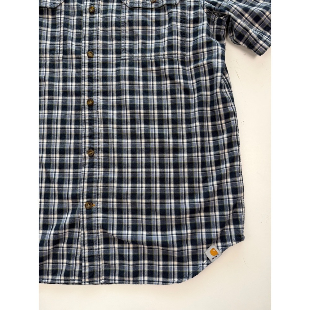 Carhartt Mens Large Relaxed Fit Plaid Blue Green Short Sleeve Button Up Shirt - Picture 6 of 13